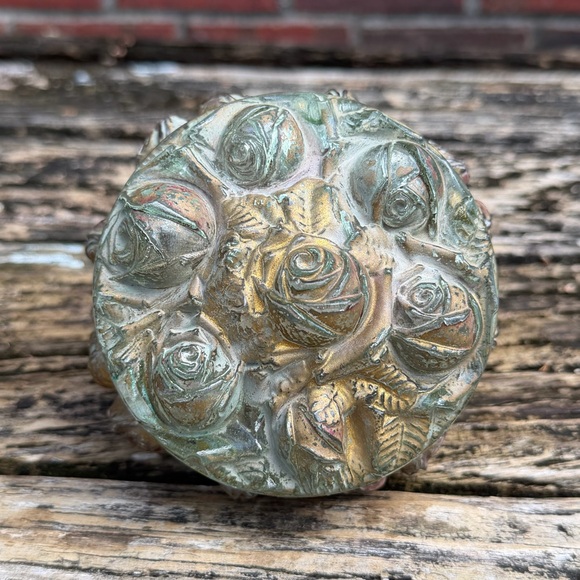 Antique Goofus Glass Vanity Powder Puff Jar Trinket Box Red & Gold Rose - Picture 4 of 9